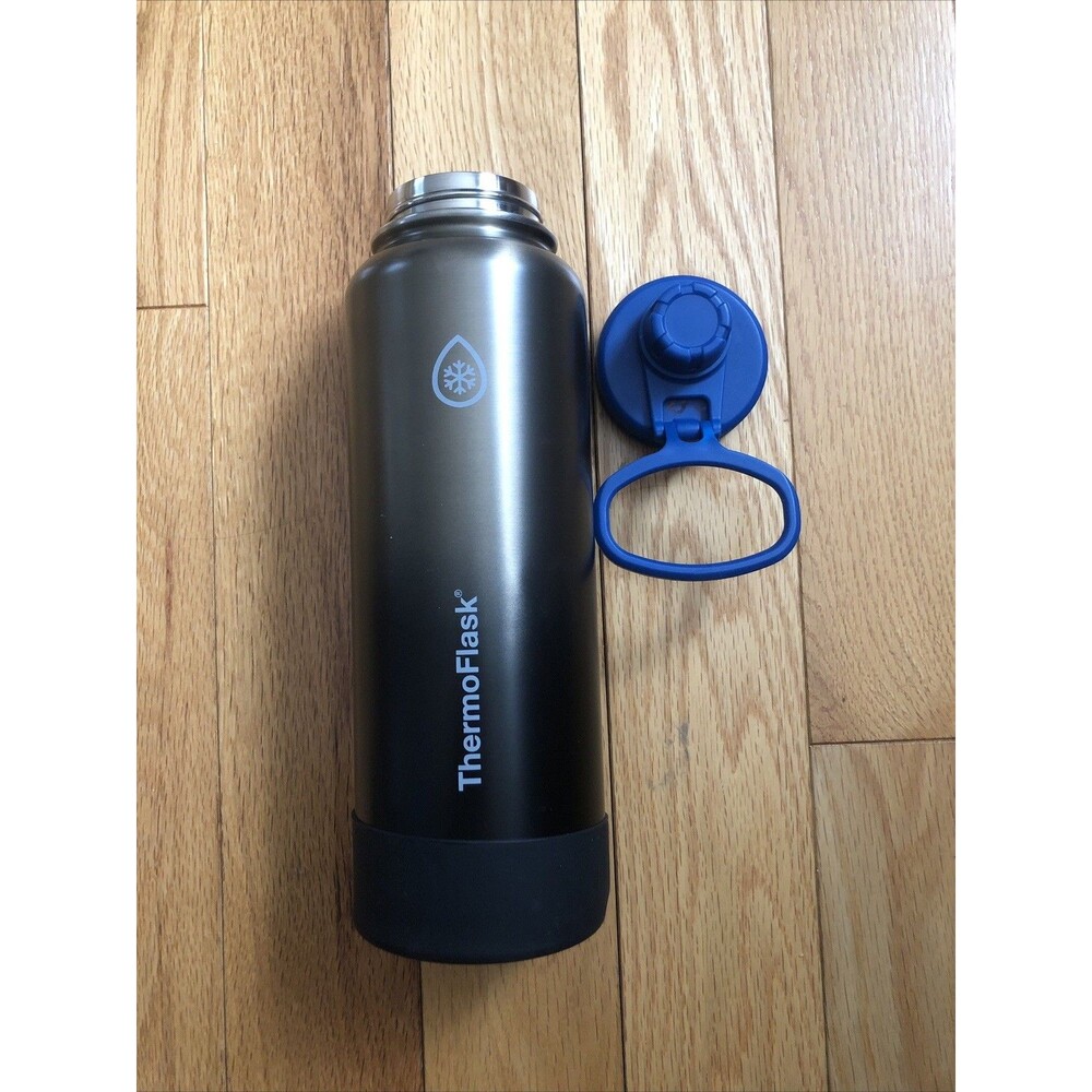 ThermoFlask Insulated Stainless Steel Gray Water Bottle Screw-on Lid Blue Top